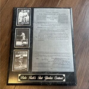 Babe Ruth's First Yankee Contract Plaque 12/26/1919 New York George H. Ruth